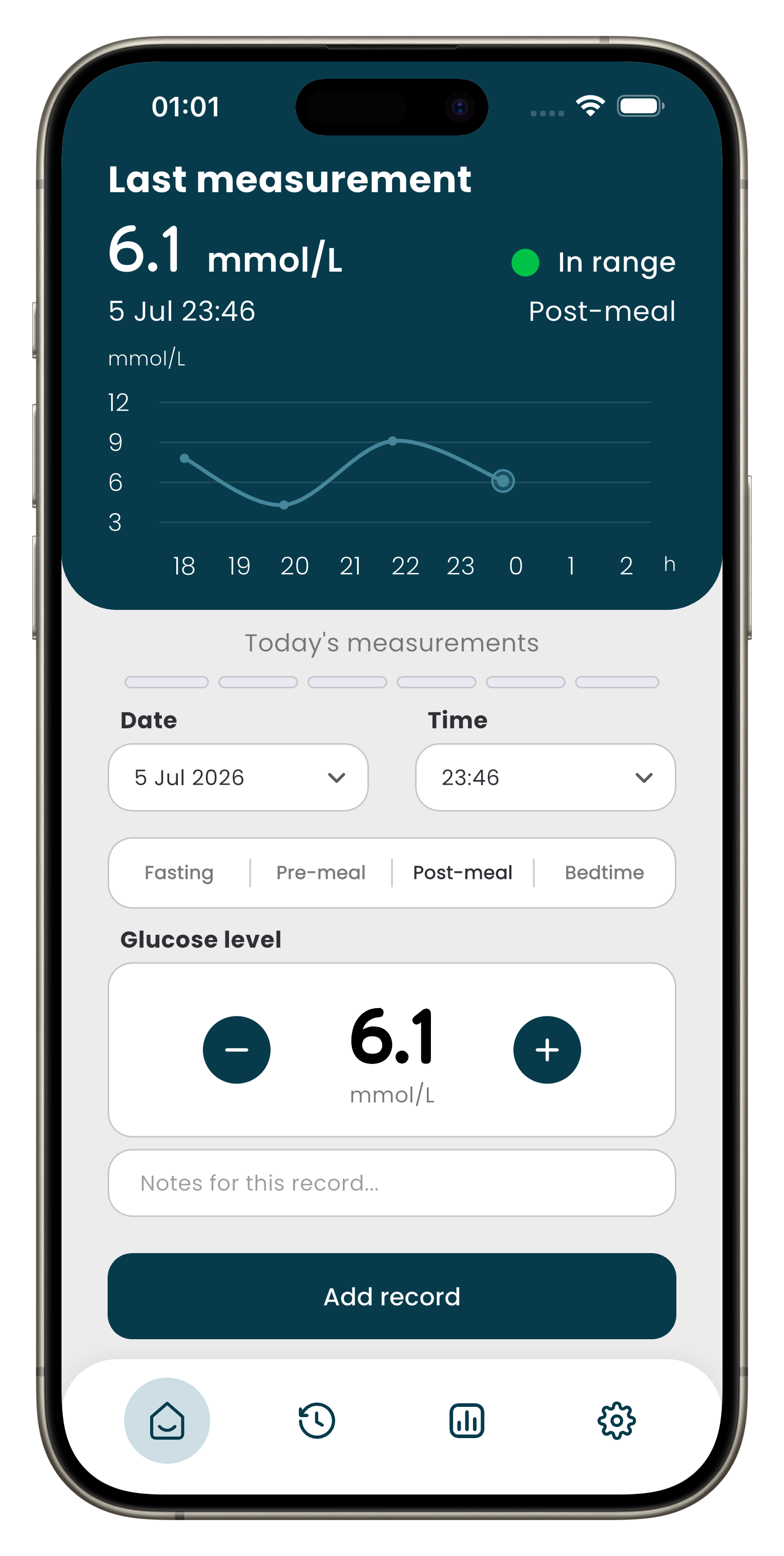 Glucose Log home screen with the latest blood sugar reading