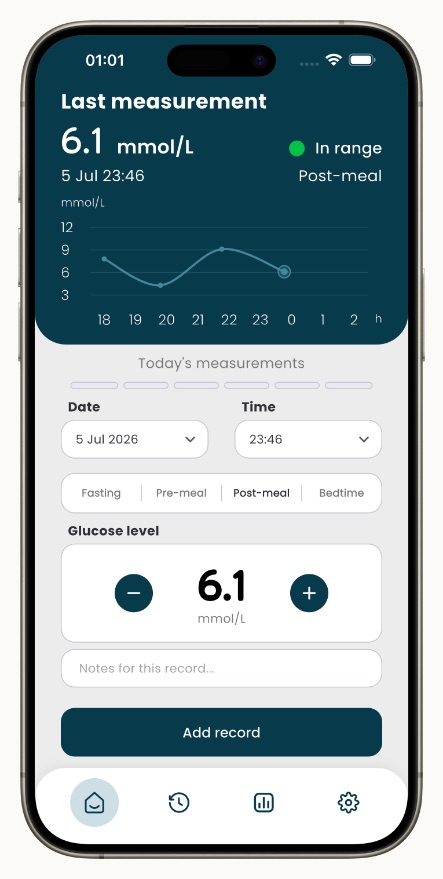 Glucose Log home screen: you enter a glucose reading from your meter by hand, choose fasting, pre-meal, post-meal or bedtime, and add a note